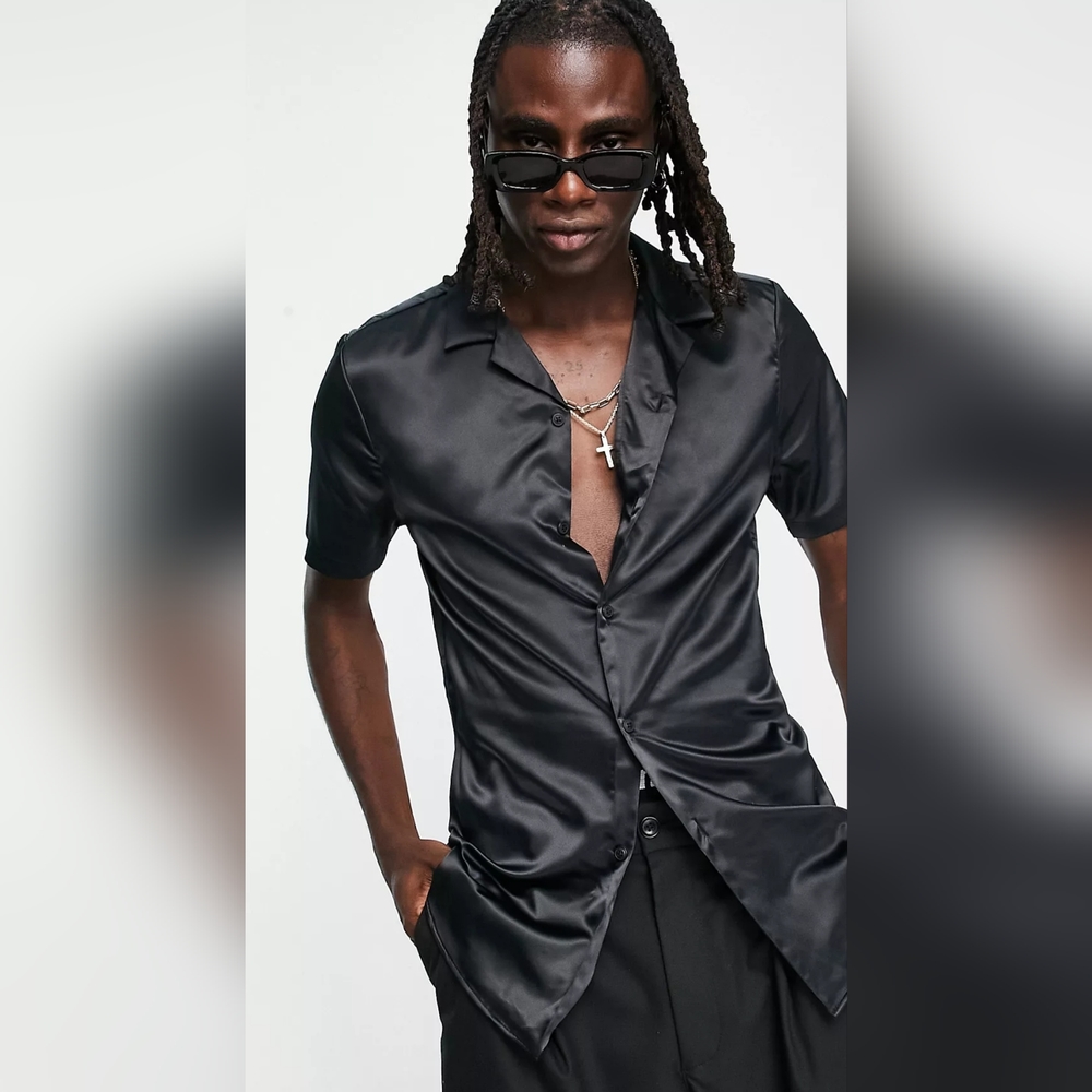 Asos Design Skinny Statin Shirt With Camp Collar In Black